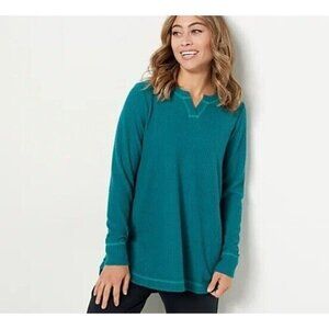 LOGO Lounge by Lori Goldstein Cloud Waffle Split Neck Top Mallard Green Large